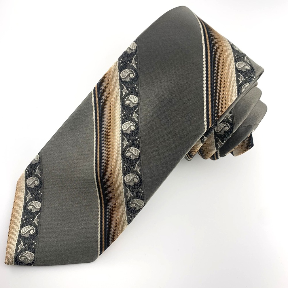 Vintage Don Loper Beverly Hills Mens Tie Taupe Stripes & Paisley Poly Necktie
